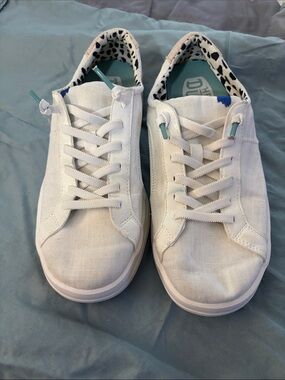 Hey Dude White Lace-Up Women's Sneakers with Tan & Teal Accents